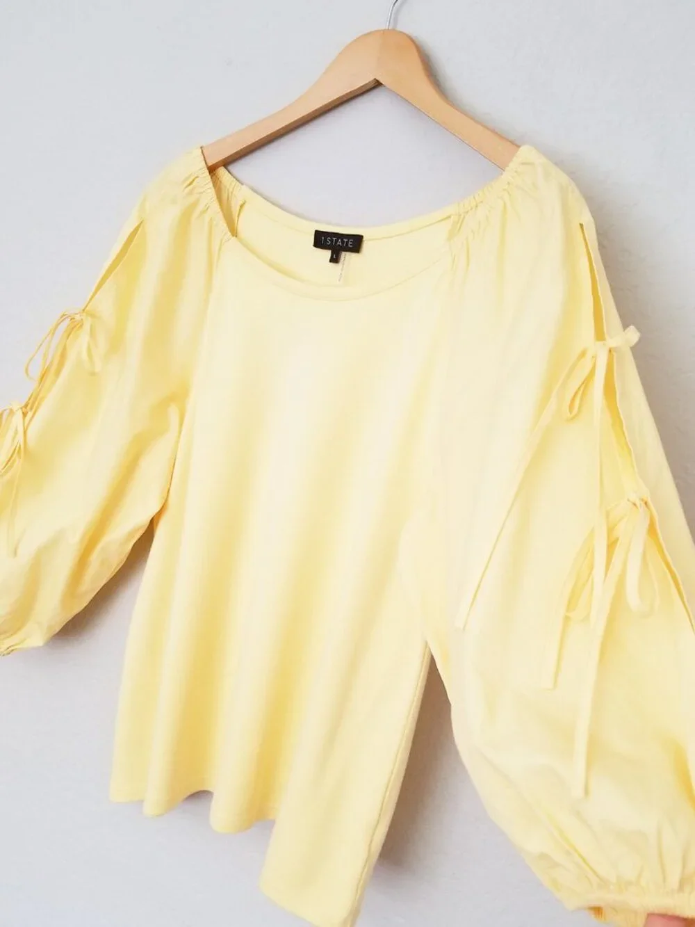1. State Women' L Butter Yellow 3/4 Balloon Sleeve Tie Bow Blouse Top Coquette - Picture 6 of 14